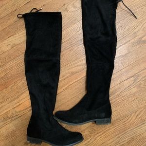 Nine West black suede thigh high tie back boots
